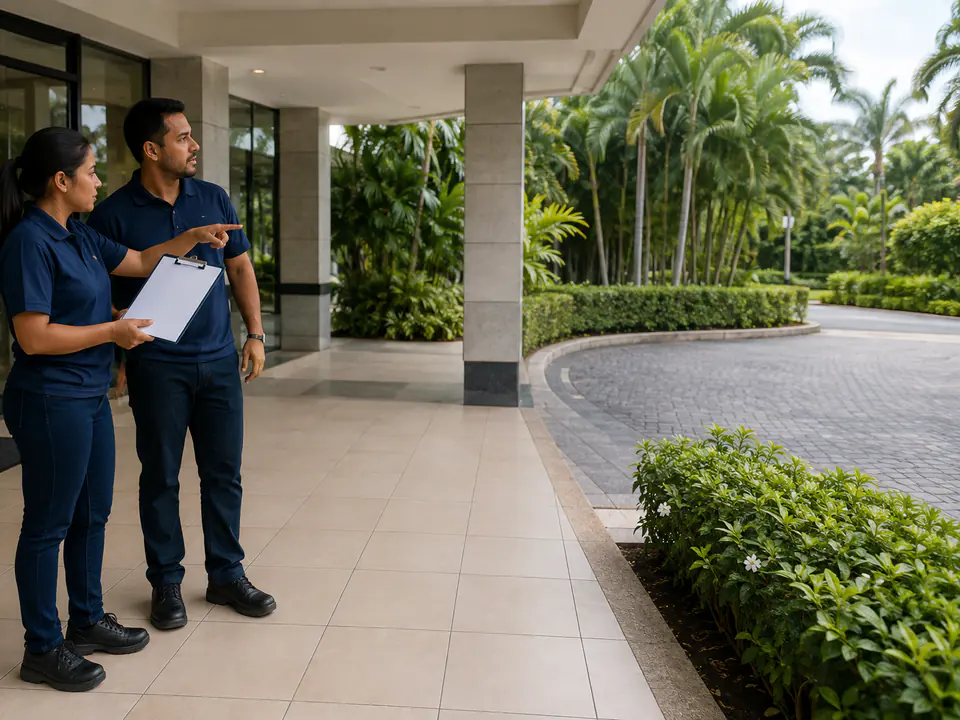 Dua orang menyemak pintu masuk penerimaan generik sebelum pergerakan barang